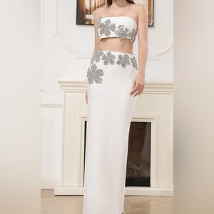Elegant White Strapless Two Piece with Silver Floral Accents